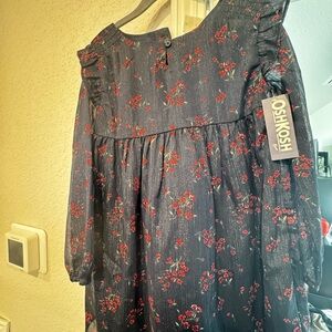 Kids dress, navy blue with red flowers, size 5T